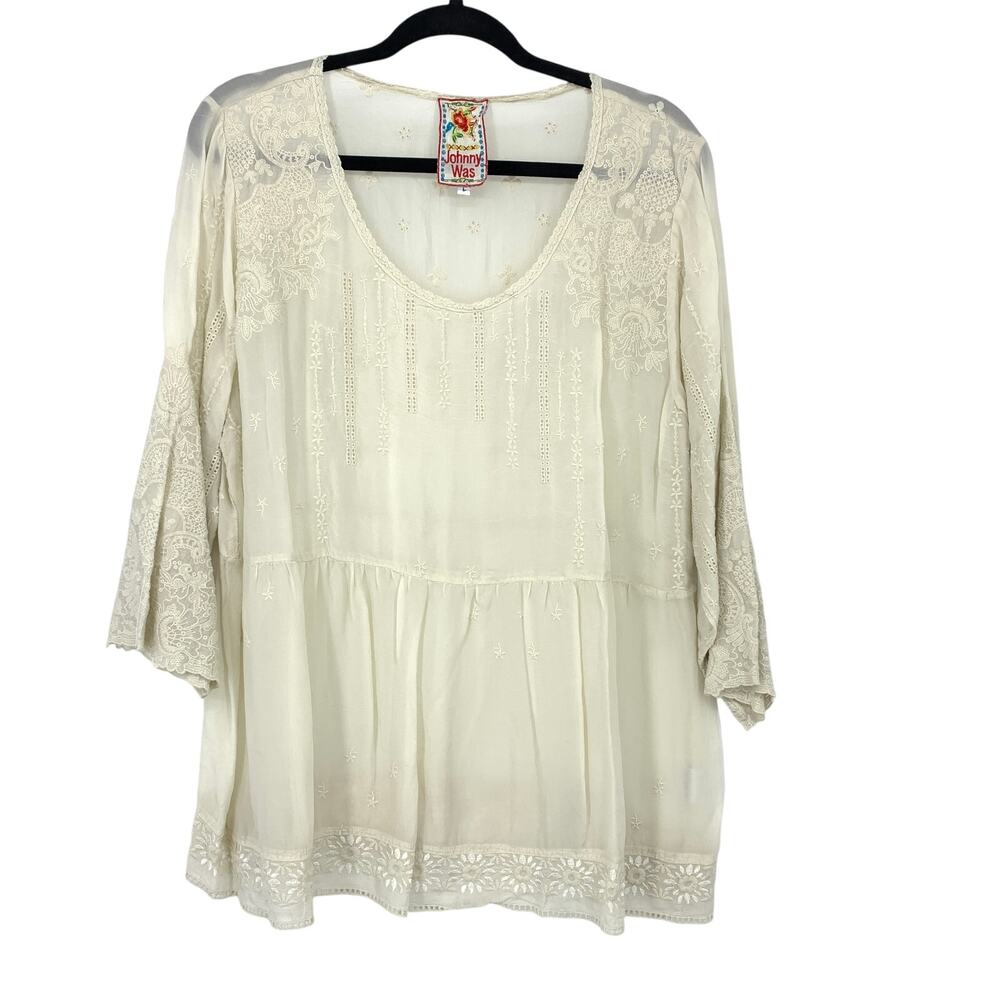 Johnny Was Tunic Sz L Ivory Cream Embroidered Lace Boho Peasant Top 3/4 Sleeve